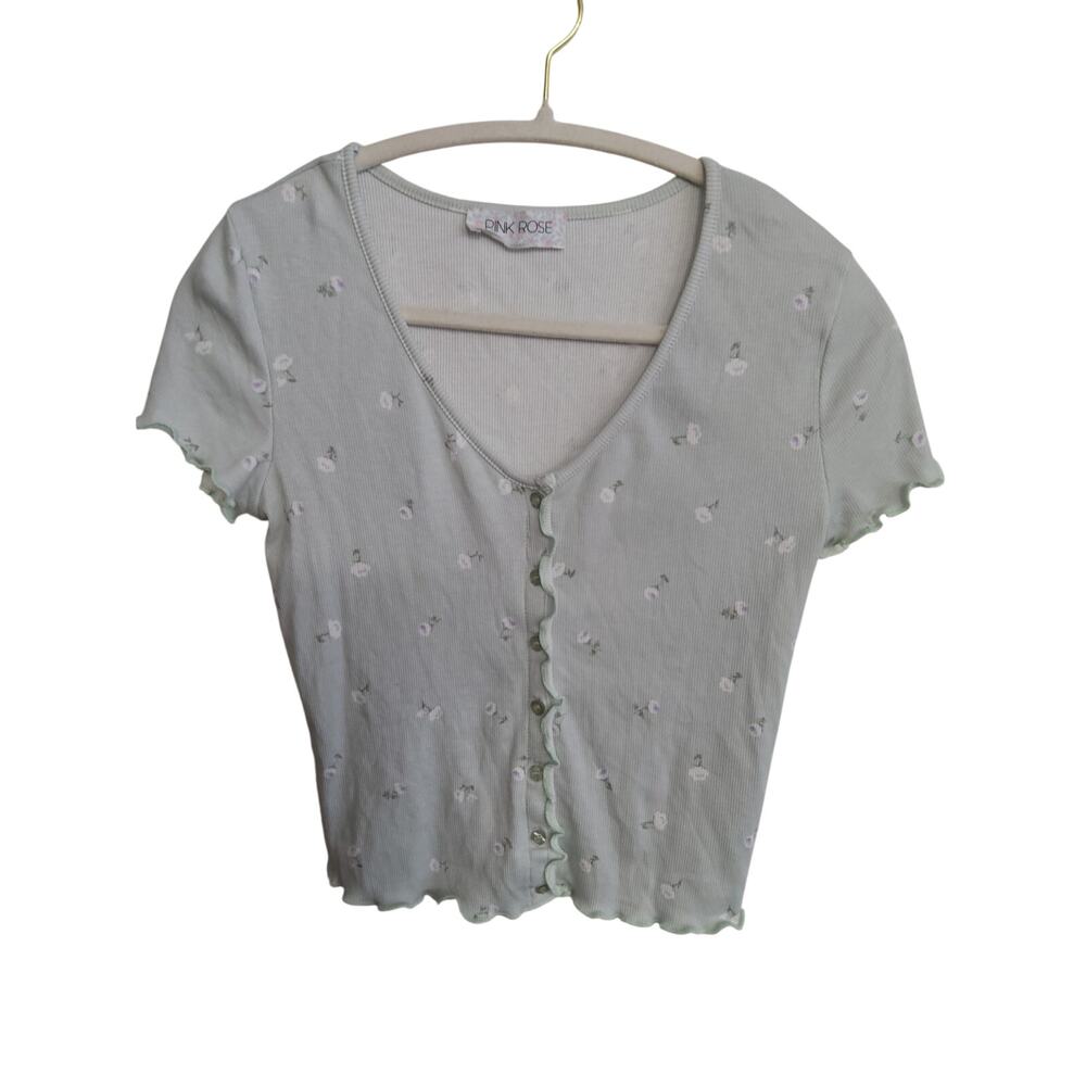 Floral baby doll tee Romantic cottagecore sz M lightweight  button up ruffle